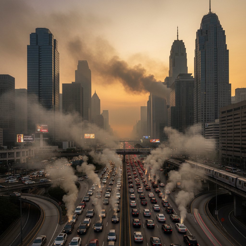 Urban drivers surrounded by invisible vehicle emissions and air pollution risks during rush hour traffic