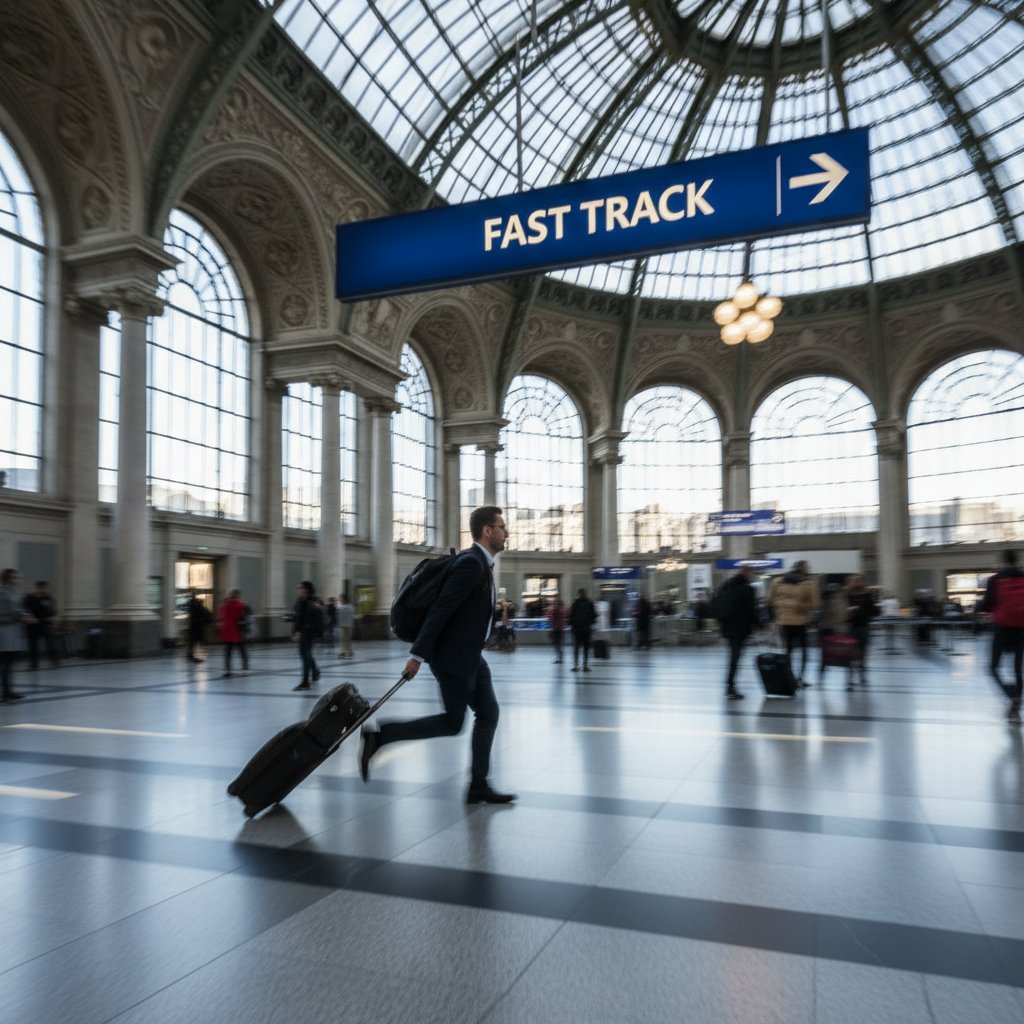 Podróżny biegnący w stronę oznaczenia fast track na europejskim lotnisku.