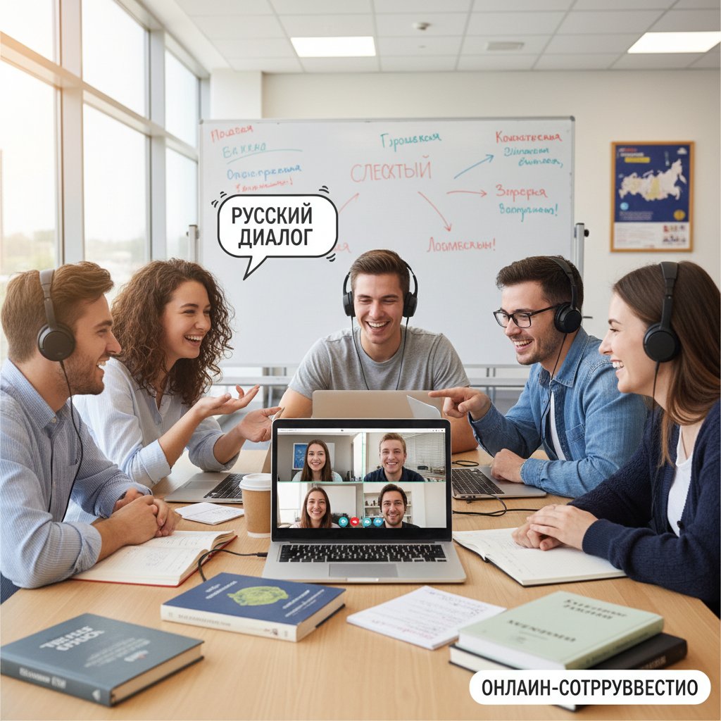 Dwie osoby podczas internetowej rozmowy po rosyjsku, komputer, uśmiech, współpraca