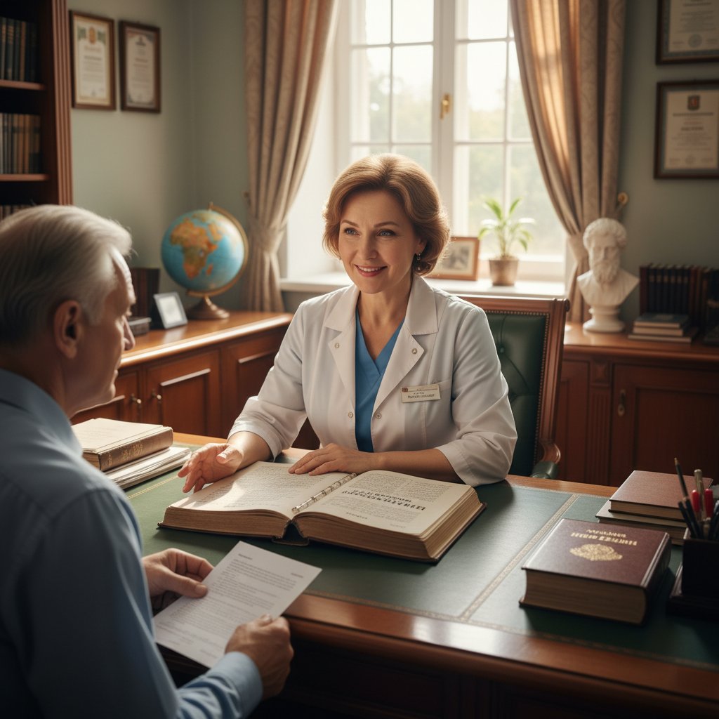 Portret radzieckiego lekarza z lat 60., skupiony wzrok, w tle medyczna tablica, historyczna atmosfera
