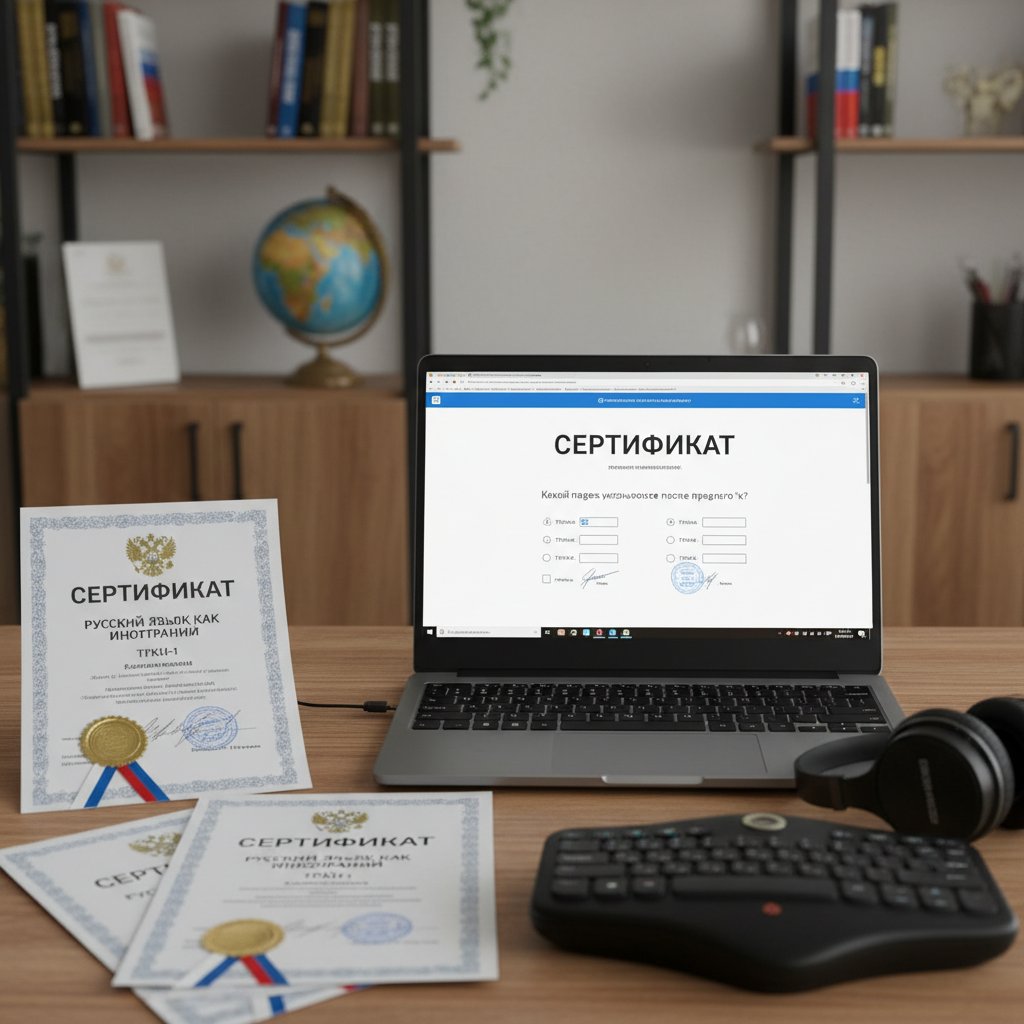 Ekspozycja różnych certyfikatów językowych rosyjskiego na biurku, obok laptopa z uruchomioną platformą testową