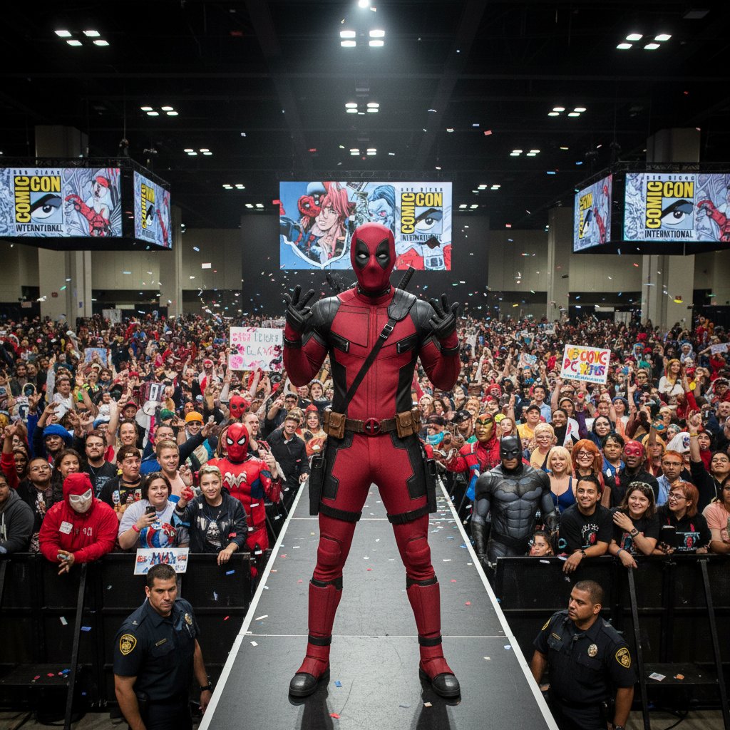 Photo of Ryan Reynolds interacting with fans at a comic convention, Deadpool costume, crowd excitement