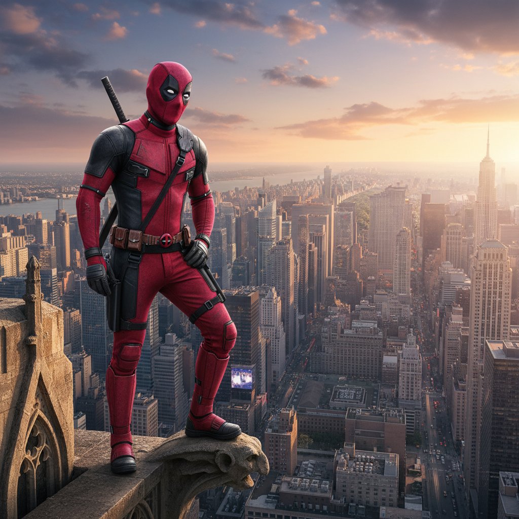 Photo of Ryan Reynolds as Deadpool in full costume, smirking at the camera, urban background