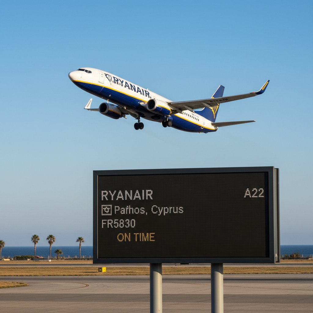 Samolot linii Ryanair na tle cypryjskiego krajobrazu, błękitne niebo, tablica lotów