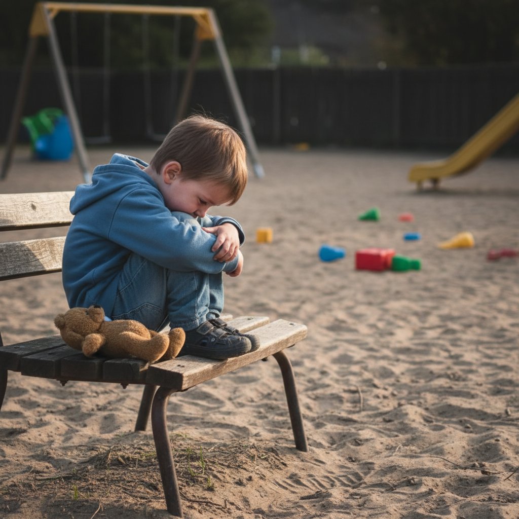 Dziecko siedzące samotnie na ławce w szatni przedszkolnej, wyraźny smutek