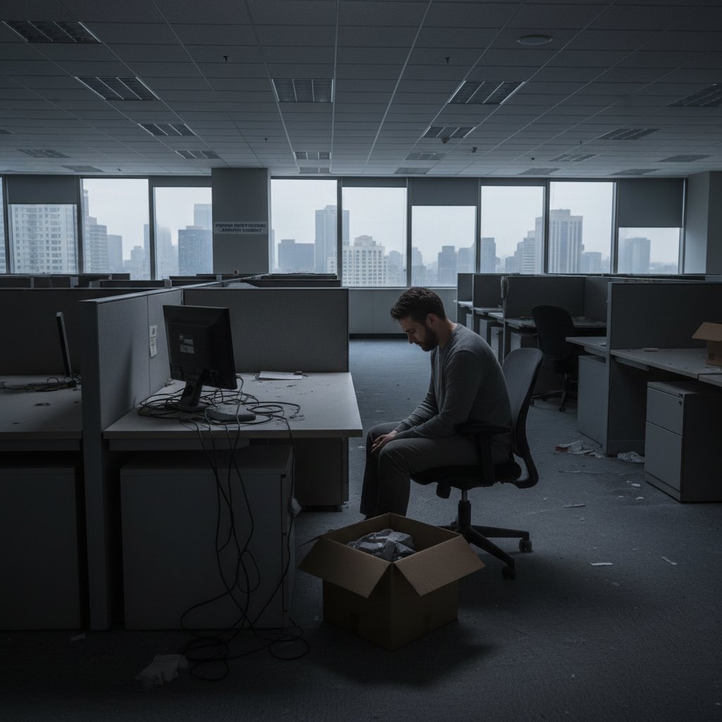 Pracownik patrzący ze smutkiem na puste biurko, symbolizujący redukcję kosztów pracowników