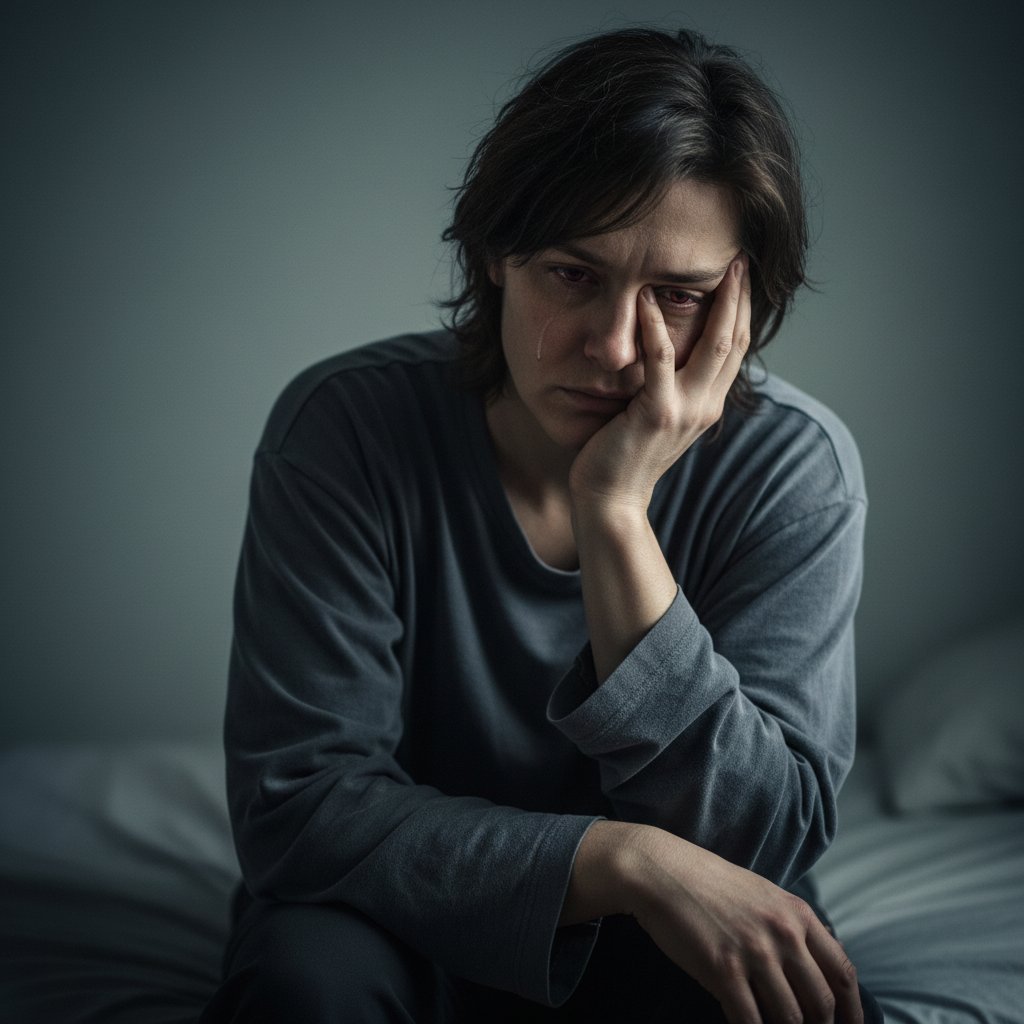 Zbliżenie na twarz osoby z wyraźnym smutkiem i zmęczeniem, symbolizujące objawy depresji
