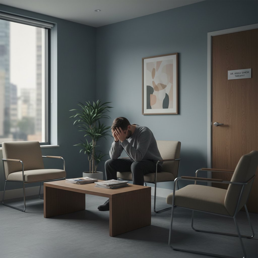 Smutny mężczyzna siedzący samotnie w poczekalni gabinetu terapeutycznego