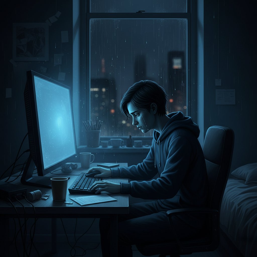 Osoba przy komputerze nocą, z twarzą w niebieskim świetle ekranu, wyrażająca smutek i samotność online