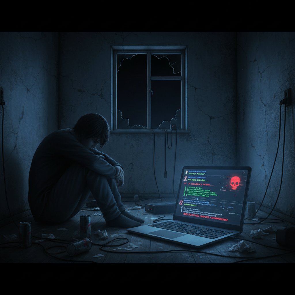 Osoba z opuszczoną głową w ciemnym pokoju, tylko ekran laptopa rozświetla twarz – ilustracja zagrożeń anonimowej rozmowy online