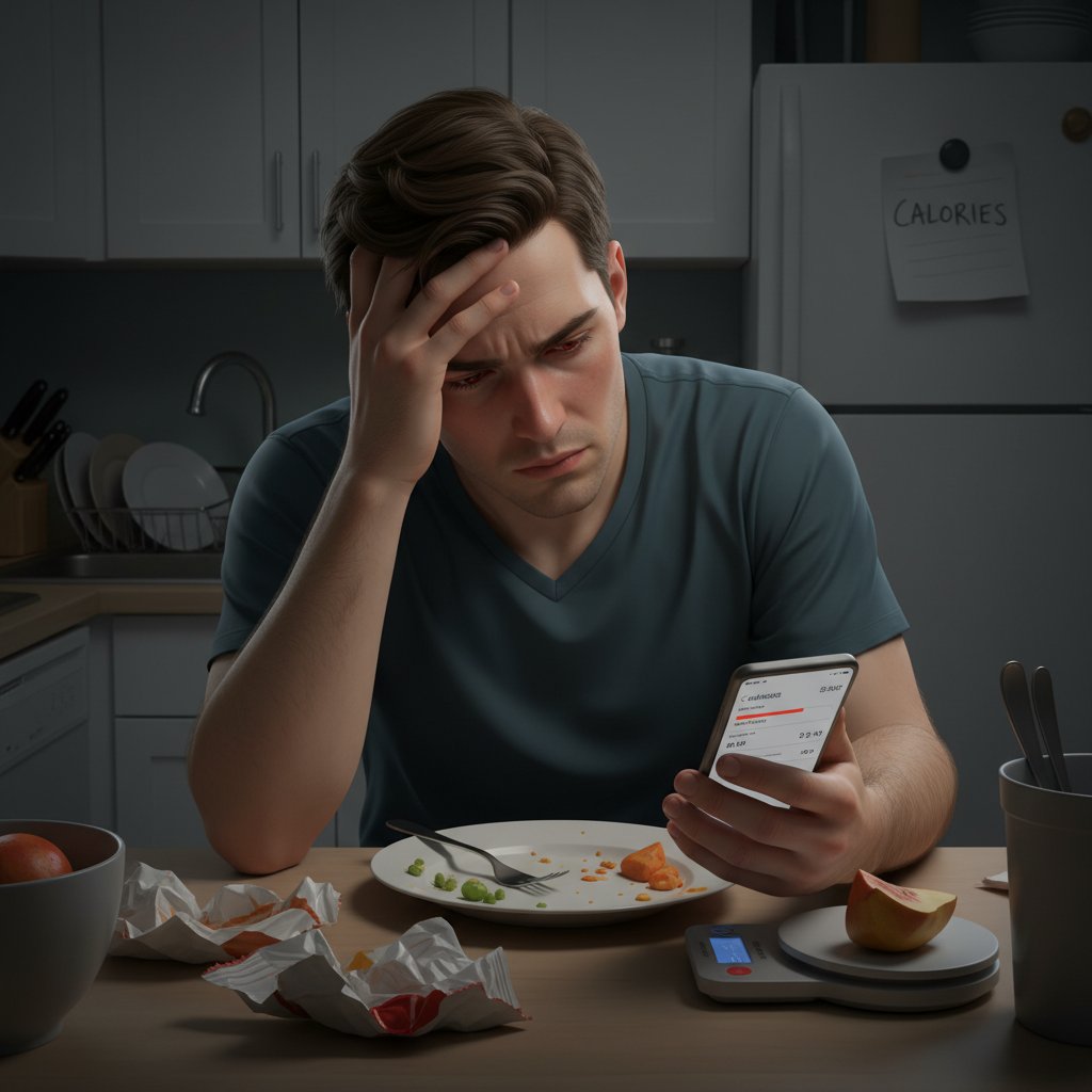 Smutna osoba patrząca na telefon w kuchni, aplikacja do liczenia kalorii, atmosfera presji