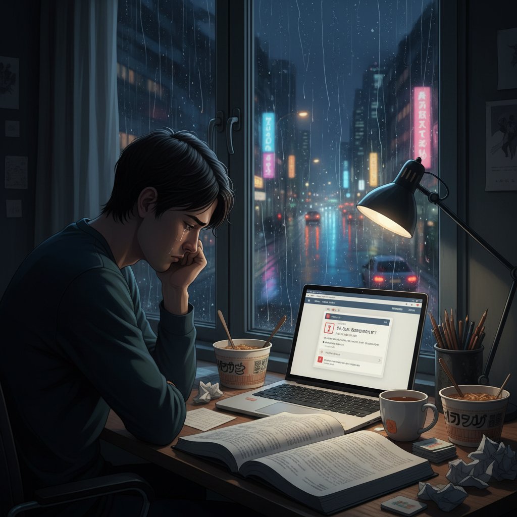 Osoba patrząca smutno na otwarty podręcznik do nauki języka, noc, biurko z laptopem, deszcz za oknem