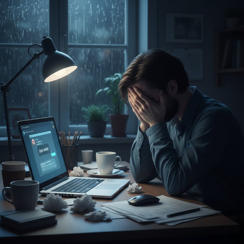 Smutna osoba patrząca na ekran laptopa, konsekwencje trudnej rozmowy online, atmosfera zadumy.