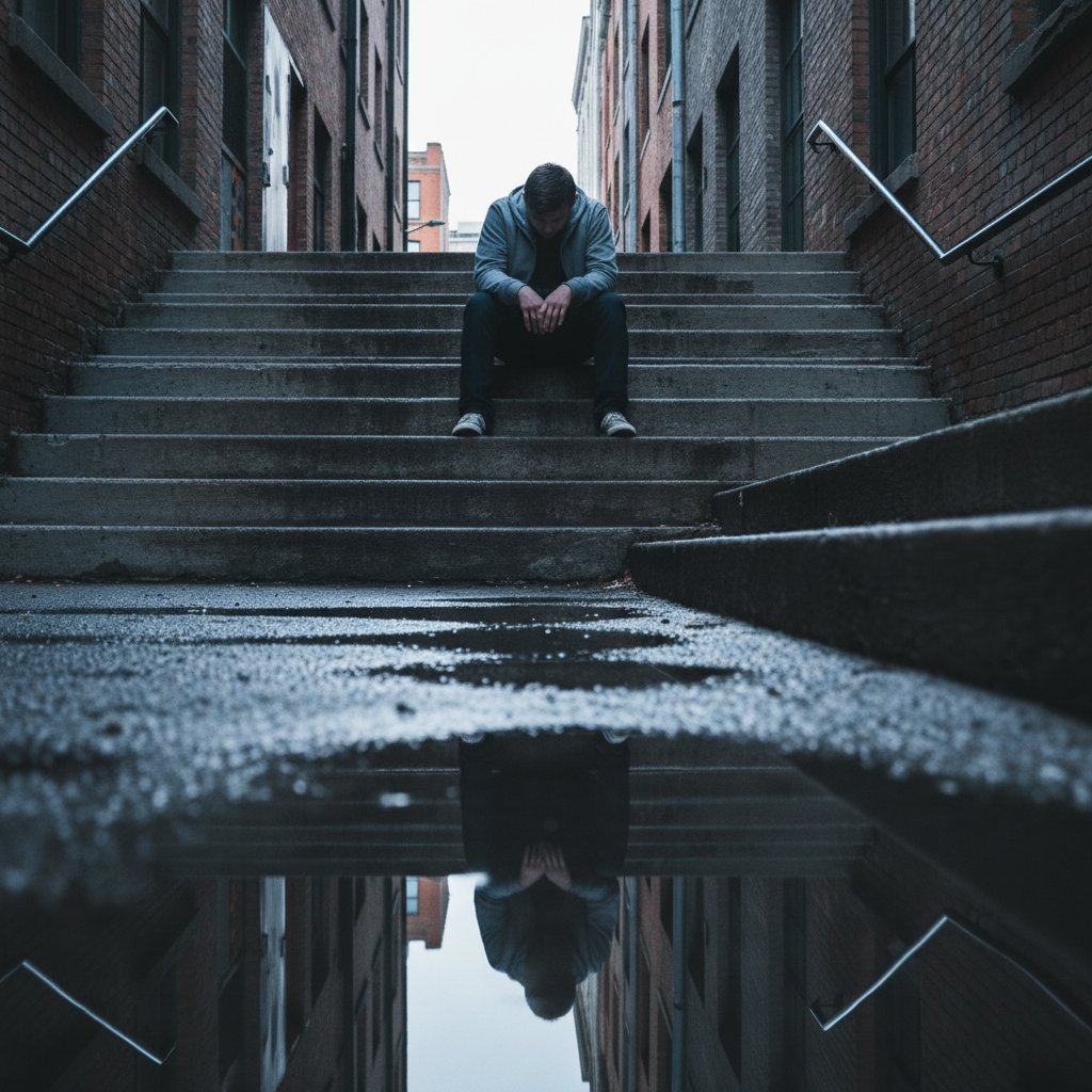 Osoba siedząca samotnie na schodach w mieście, wyraźny smutek i refleksja, słowa kluczowe: negatywne emocje, smutek
