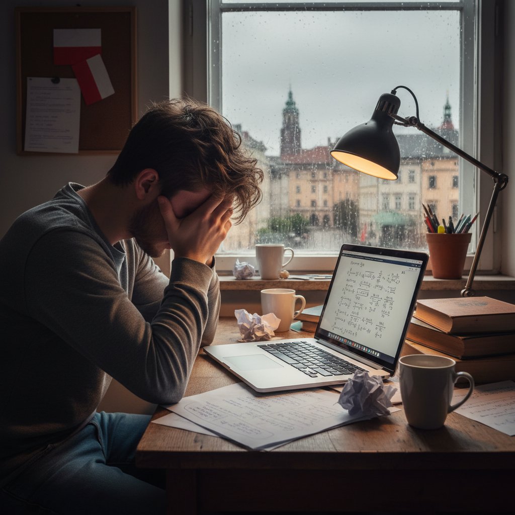 Smutna uczennica z Polski patrząca z rozczarowaniem na ekran laptopa, obok zeszyt z zadaniami matematycznymi
