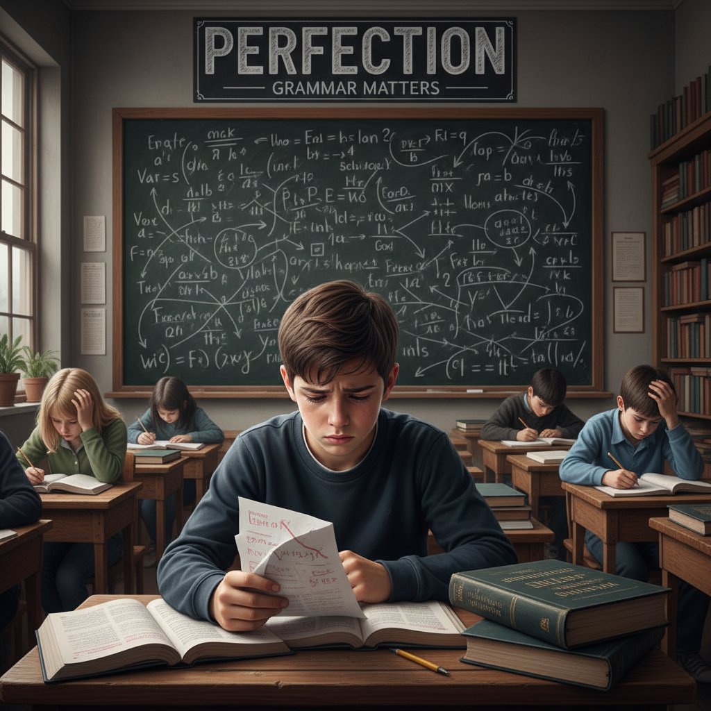 Smutny uczeń w klasie, odczuwający presję nauki gramatyki