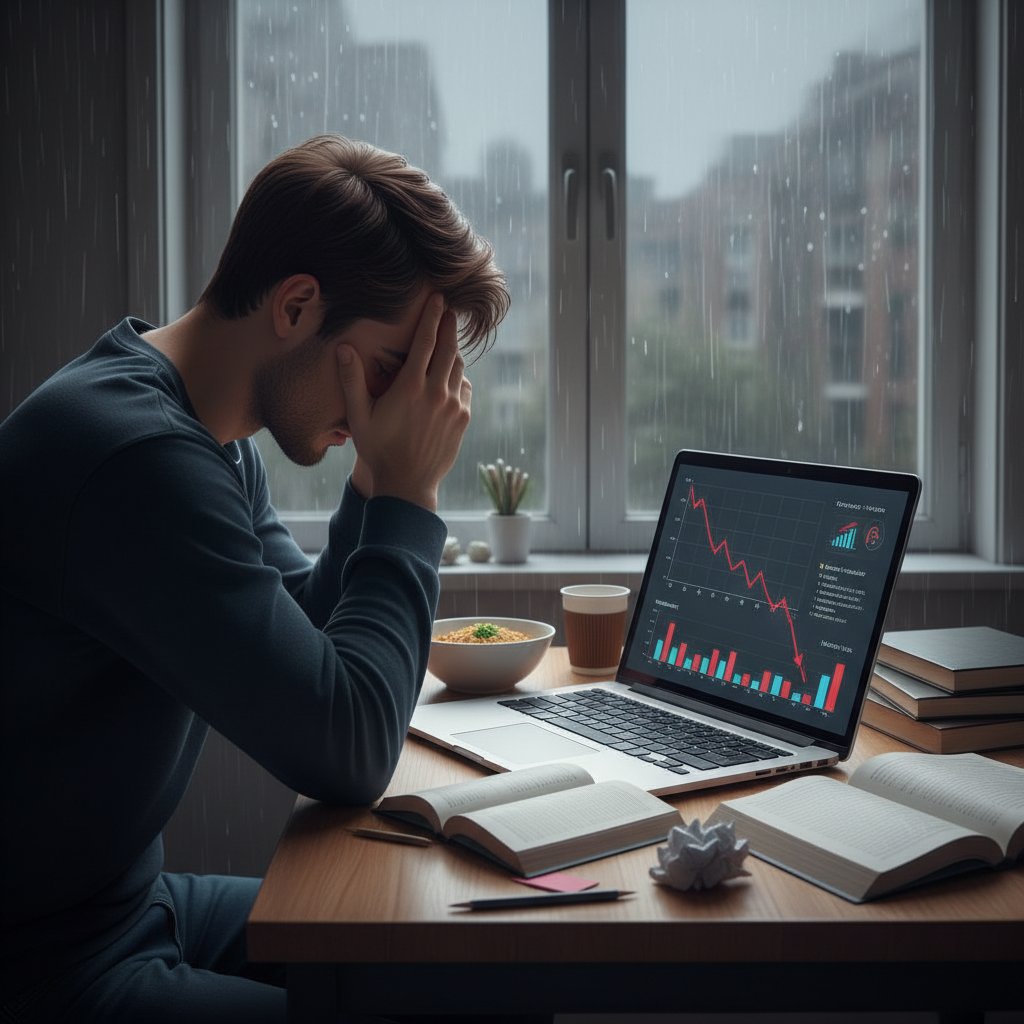 Smutny uczeń patrzący na ekran laptopa z wyświetlonym wykresem postępów