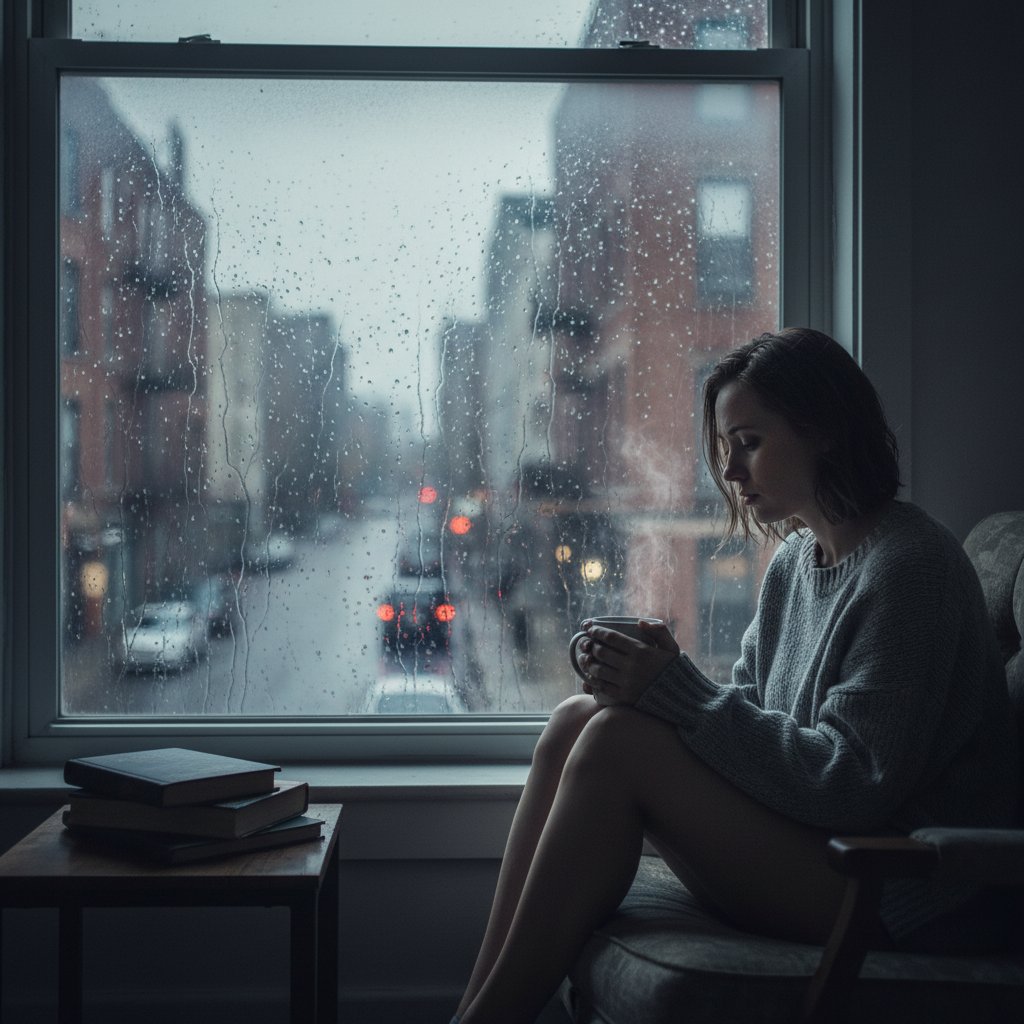 Zdjęcie kobiety siedzącej samotnie, patrzącej przez okno z zamyśleniem i smutkiem