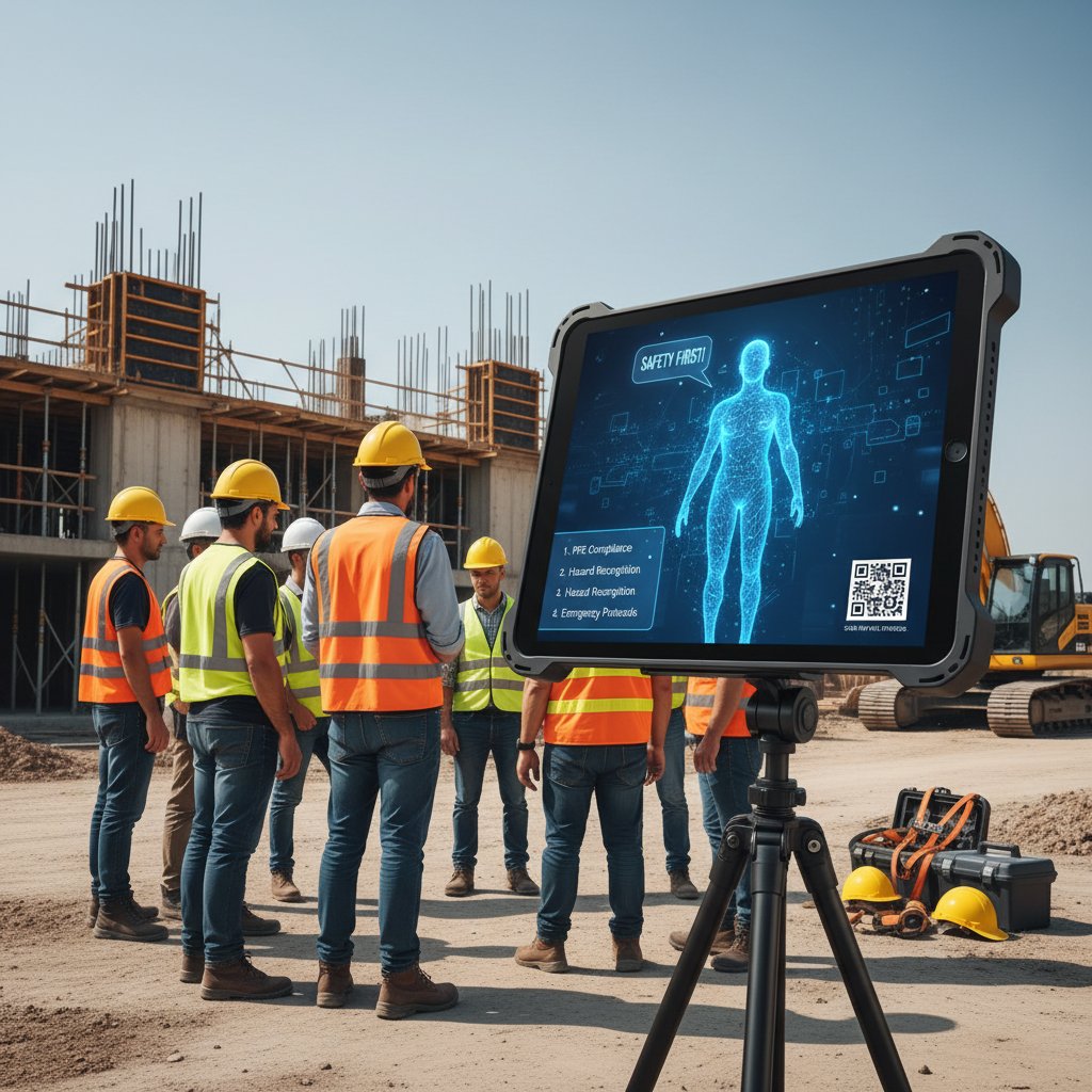 Safety briefing scene with a construction crew and digital assistant, highlighting AI chatbot's role in improving site safety