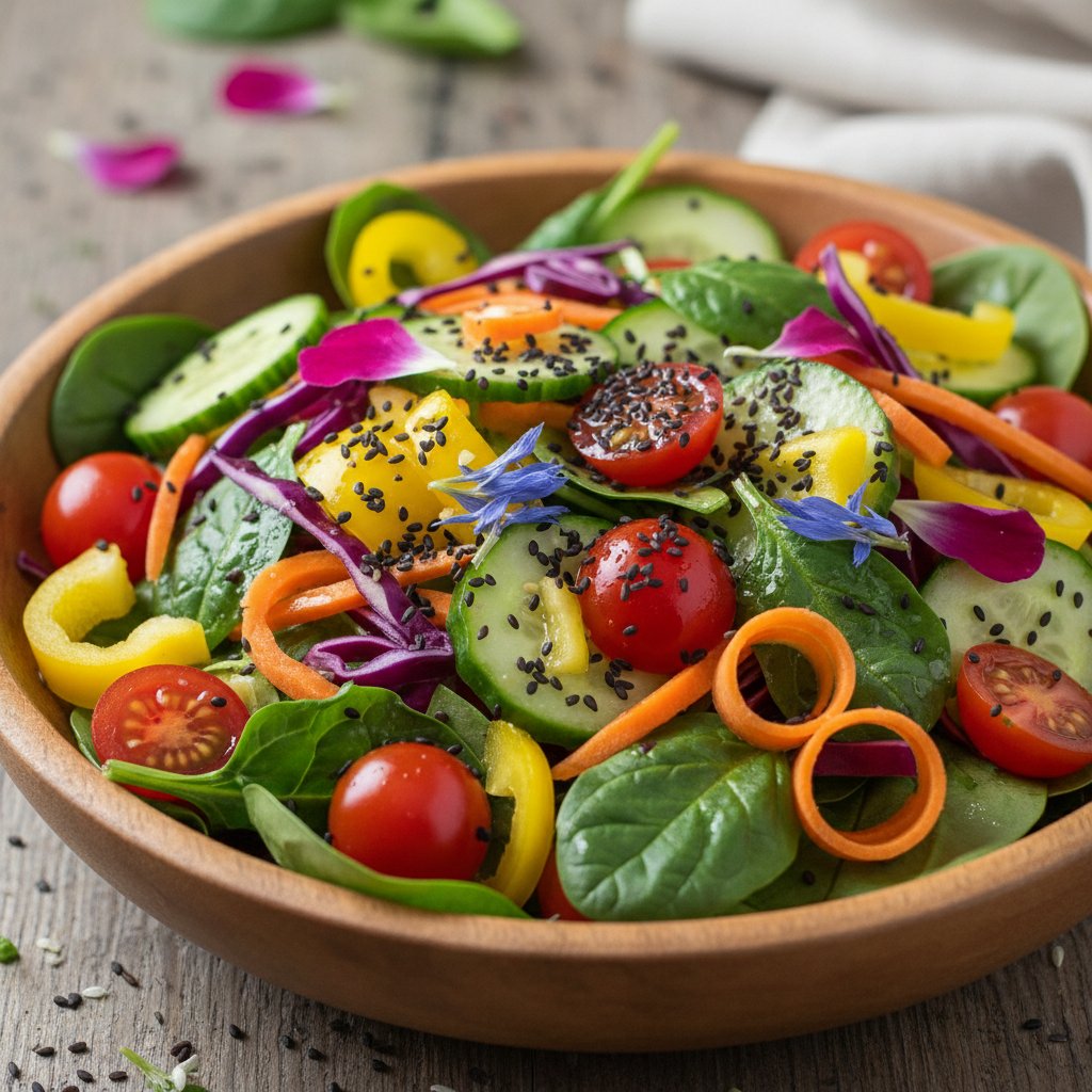 Zbliżenie na talerz sałatki z nasionami czarnuszki i kolorowymi warzywami, jasne światło