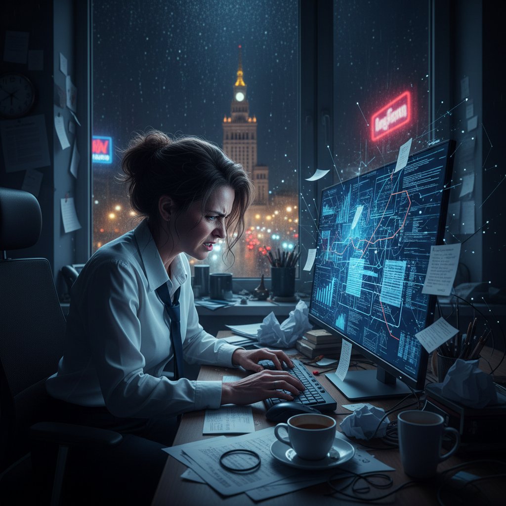 Stresująca sytuacja w biurze – menedżer patrzący na chaotyczne dane sprzedażowe na ekranie