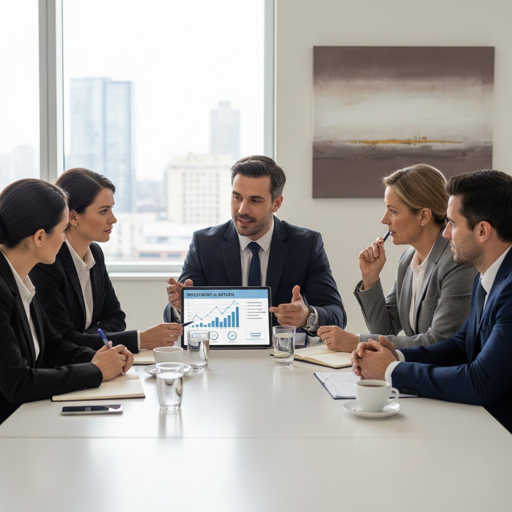 Spotkanie zespołu sprzedaży z klientem, negocjacje cenowe, skupienie na argumentacji wartości
