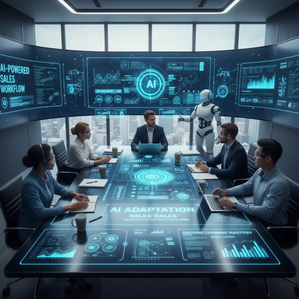 Nowoczesny zespół handlowców i AI podczas wspólnego szkolenia – symbol adaptacji