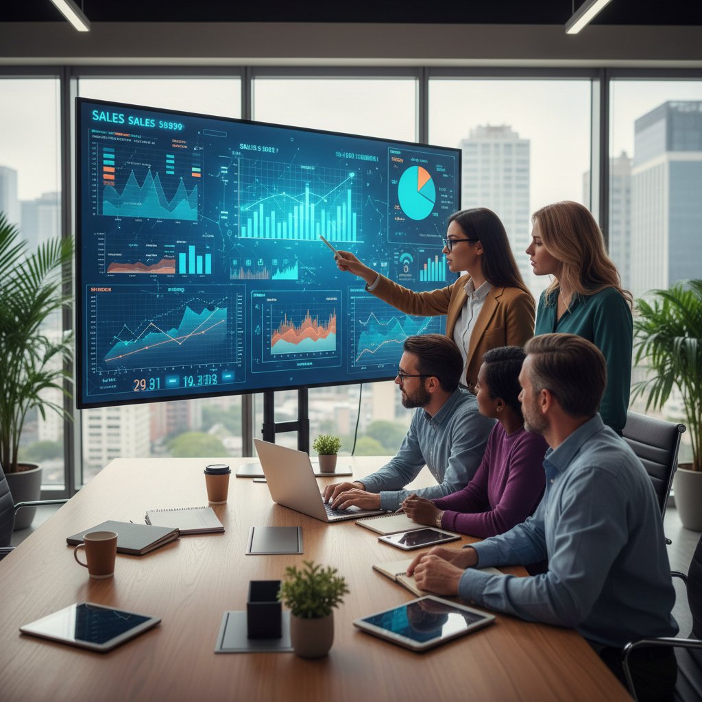 Zespół analizujący dane sprzedażowe na ekranie w ciemnym biurze, dynamiczne wykresy, napięta atmosfera