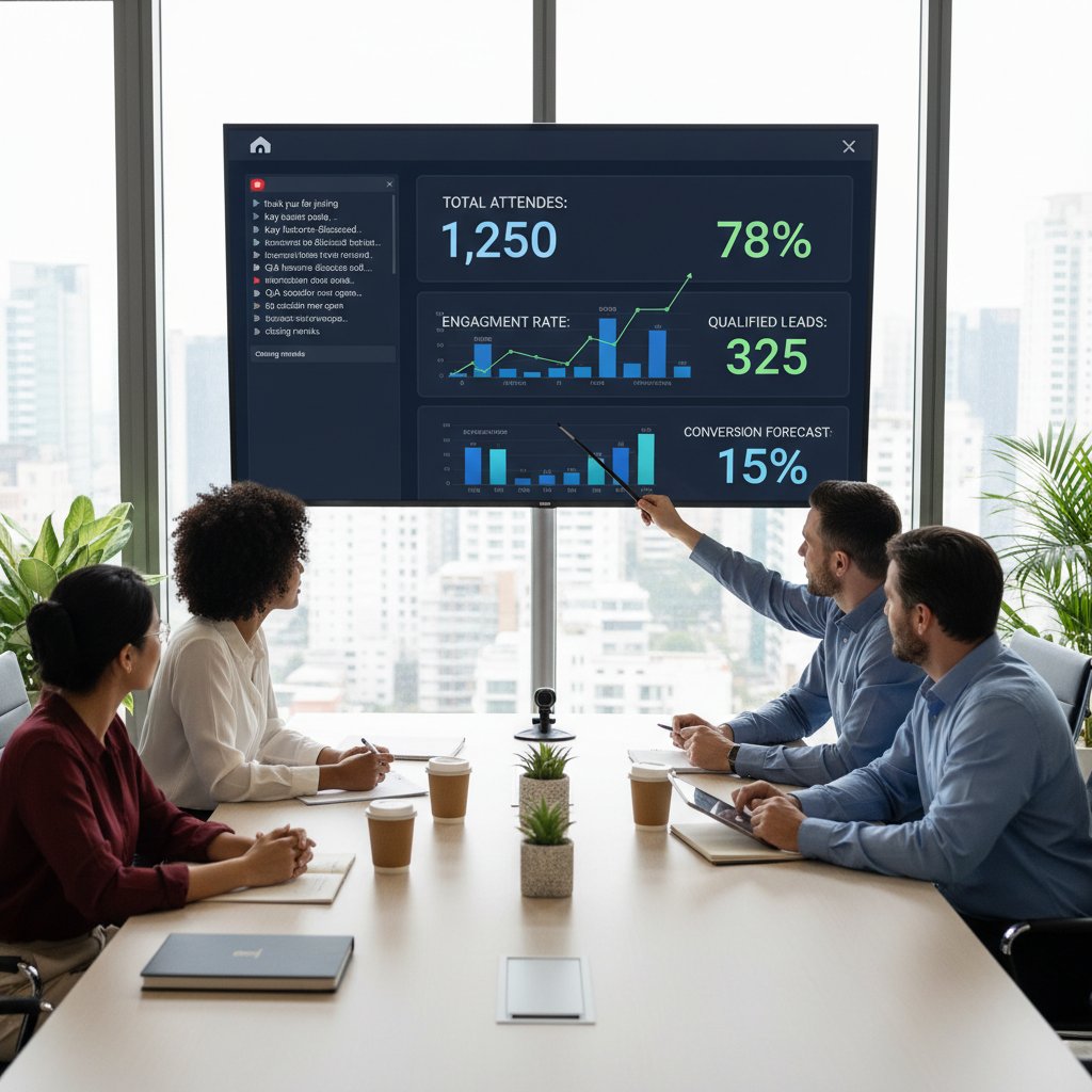 Zespół analizujący wyniki sprzedaży po webinarze, ekran z liczbami i transkrypcją