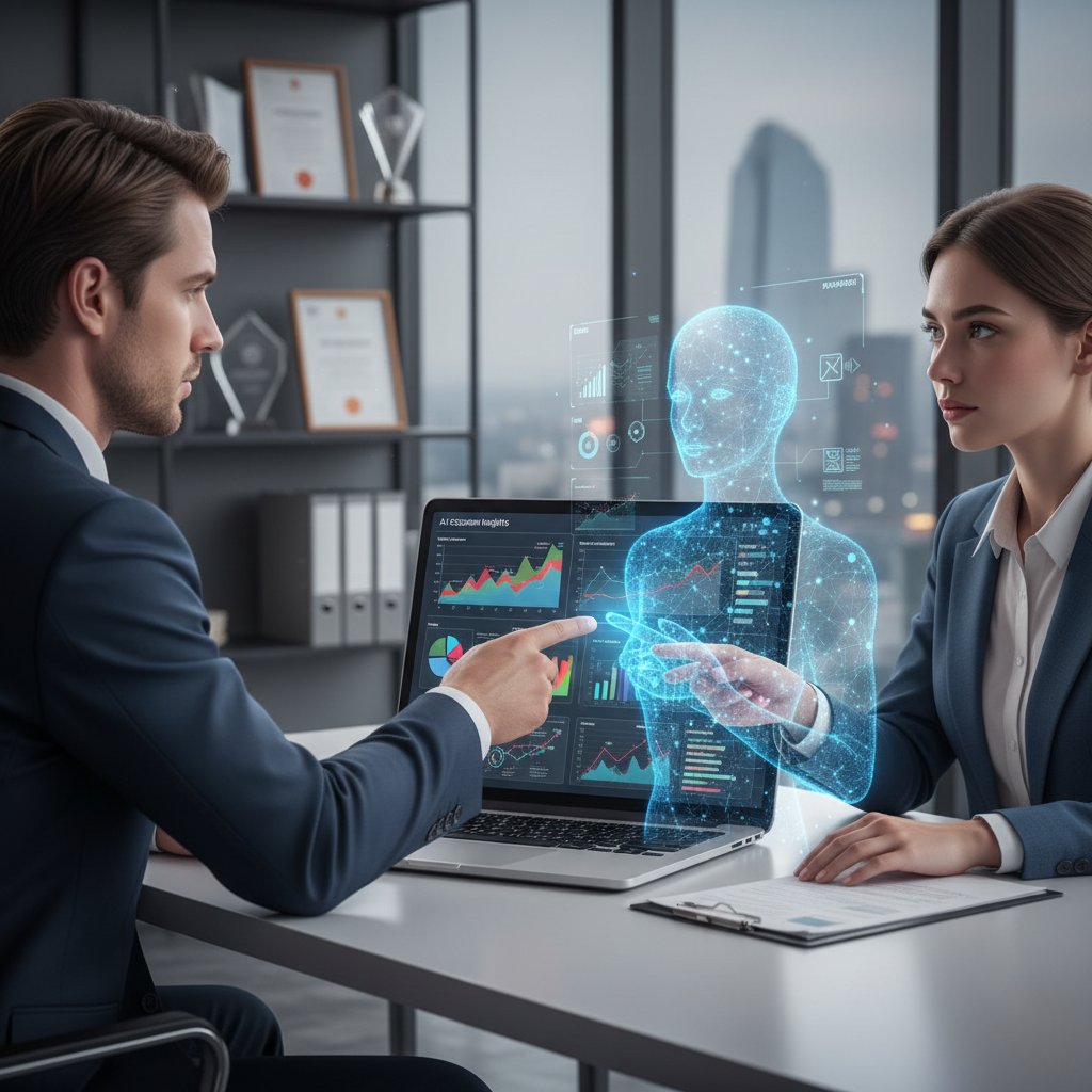 Sprzedawca korzystający z AI do analizy klientów, laptop, wykresy sprzedażowe