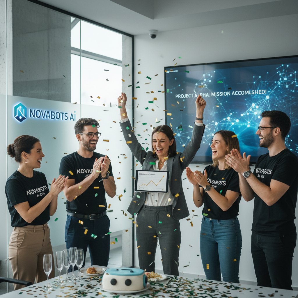 Handlowiec świętujący sukces dzięki narzędziom AI w otoczeniu zespołu