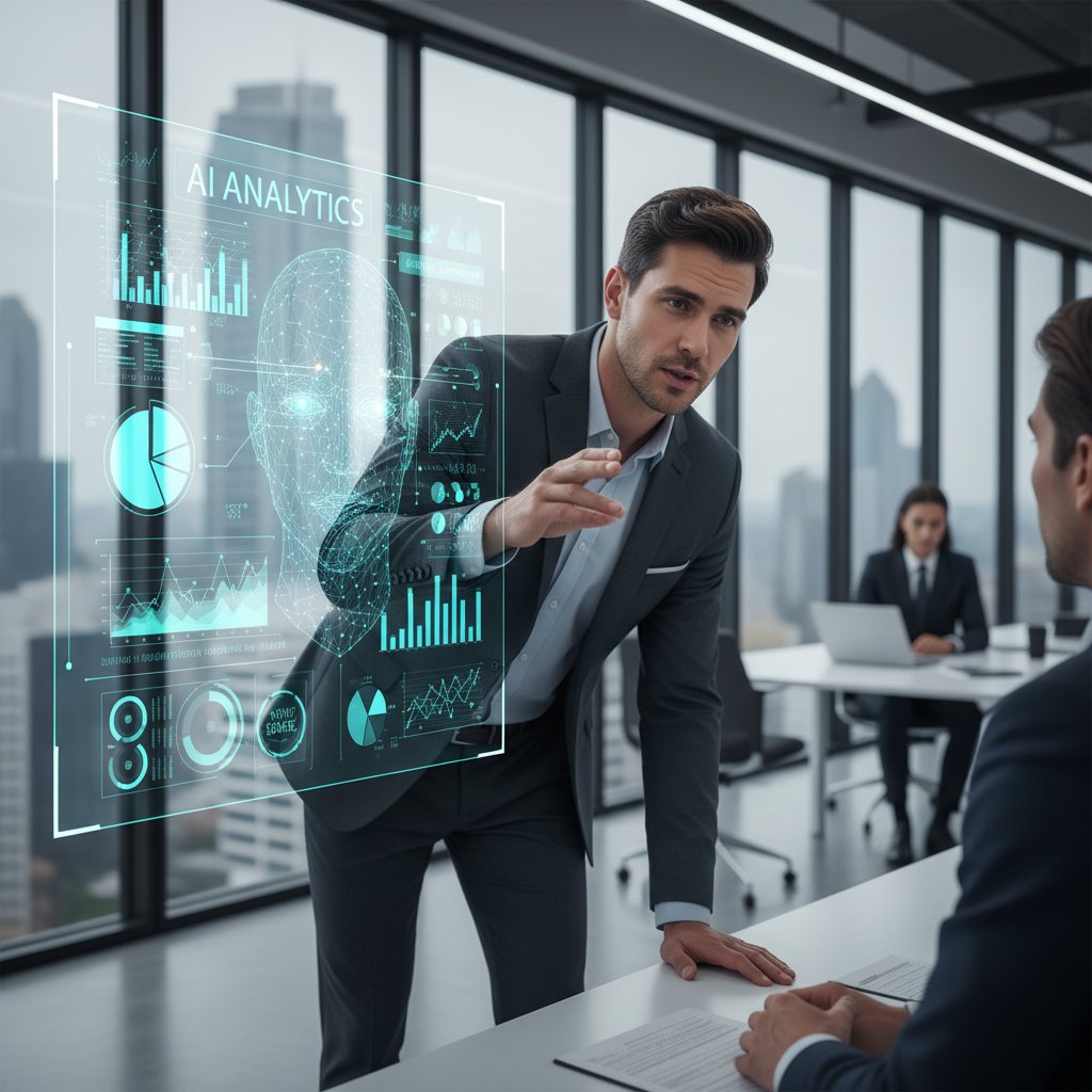 Sprzedawca rozmawia z klientem, podczas gdy AI analizuje dane na ekranie