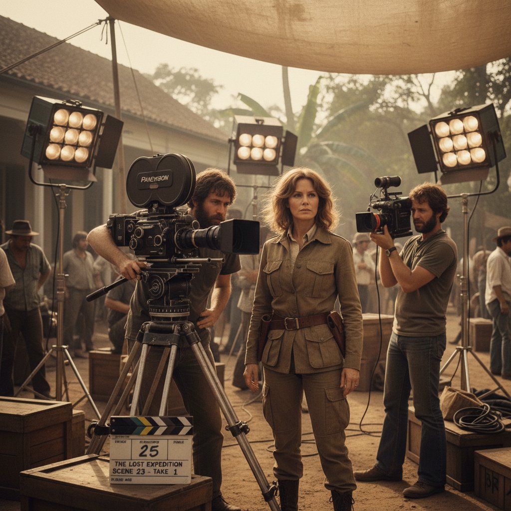Sally Field on a 1970s film set, exuding agency as a powerful female lead, vintage cameras in background