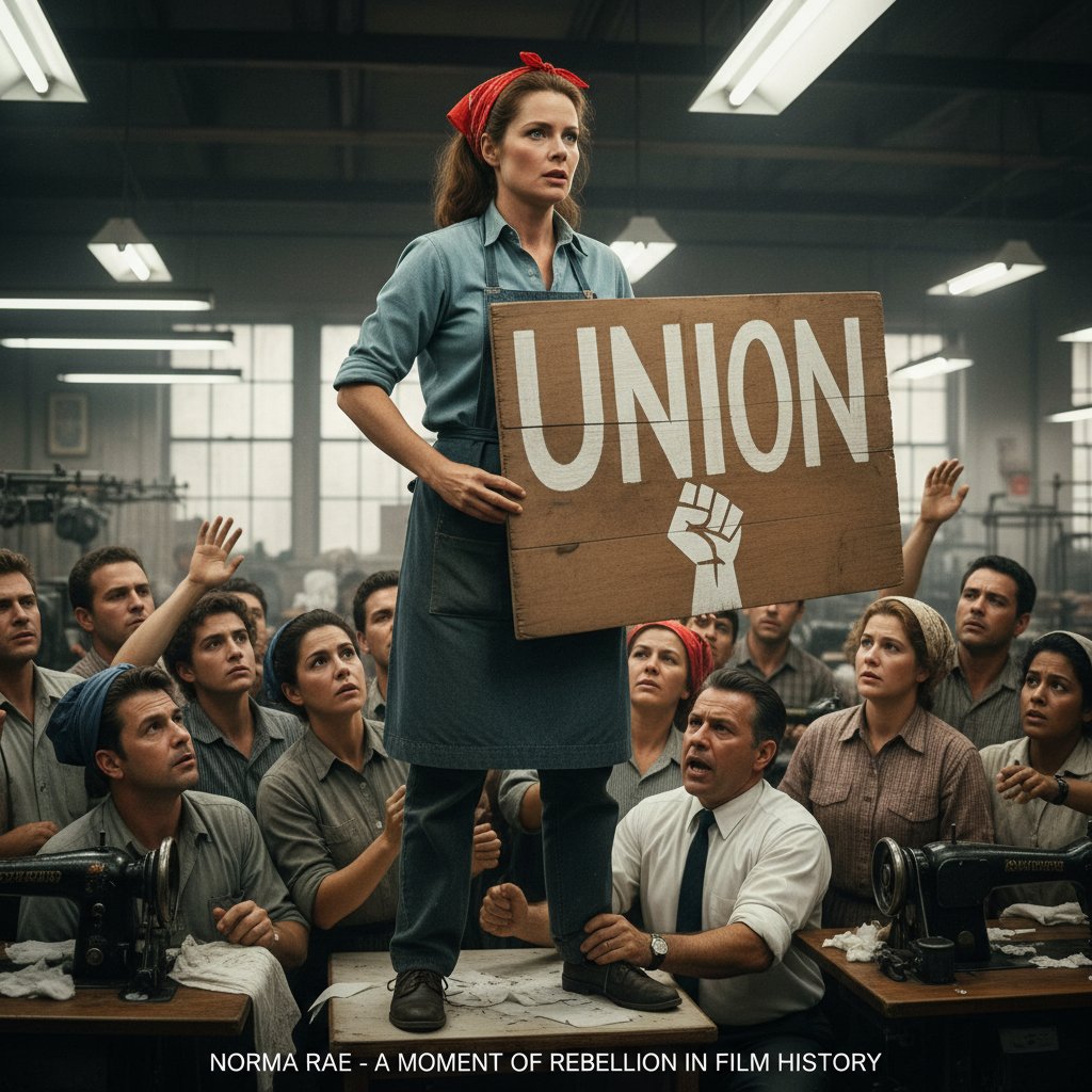 Sally Field raises a union sign in the pivotal scene from Norma Rae, symbolizing courage and rebellion in film history