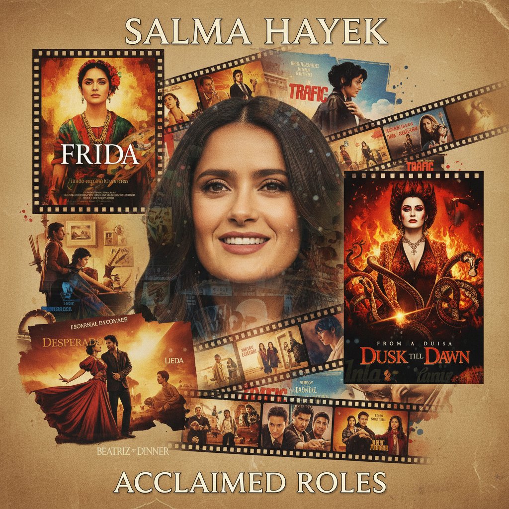 Collage of scenes from Frida, Desperado, and Beatriz at Dinner, representing her acclaimed movies