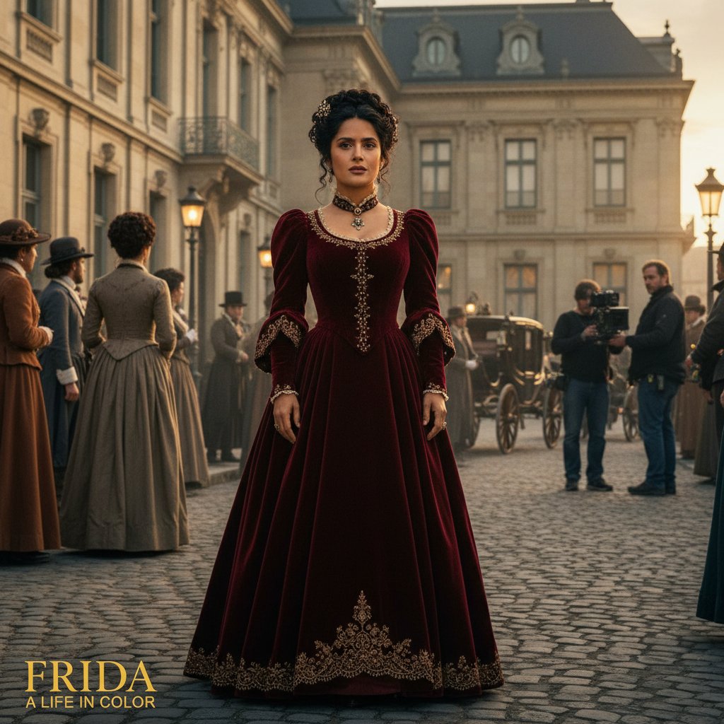 Salma Hayek in period costume on the set of a biopic, highlighting her impact in the genre