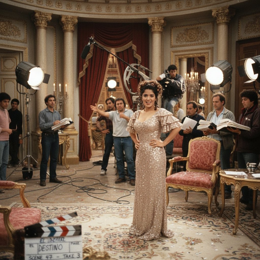 Salma Hayek on an early TV set, in vibrant costume, representing her start in Mexican telenovelas