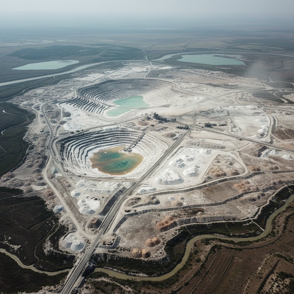 Kopalnia soli – widok z lotu ptaka, wyeksploatowany teren, ślad środowiskowy