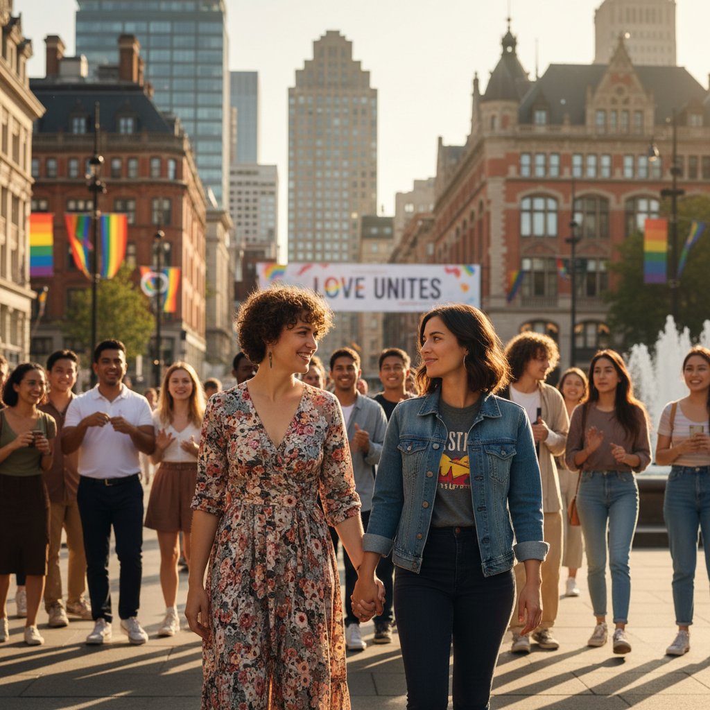 Para tej samej płci trzymająca się za ręce na tle miejskiego krajobrazu, symbol wsparcia i akceptacji w związkach nieheteronormatywnych