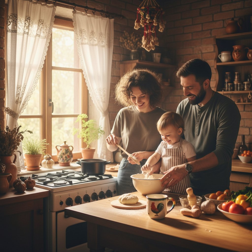 Rodzina jednopłciowa przygotowuje wspólnie kolację w kuchni – codzienność i bliskość.