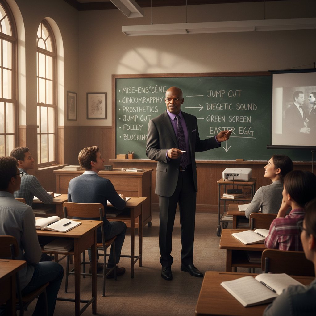 Samuel L. Jackson teaching film jargon in classroom, chalkboard filled with movie terms