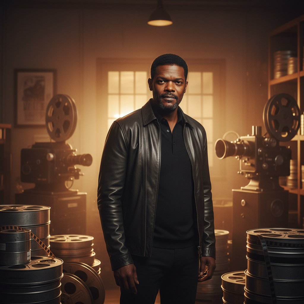 Samuel L. Jackson with stacks of movies highlighting his prolific career