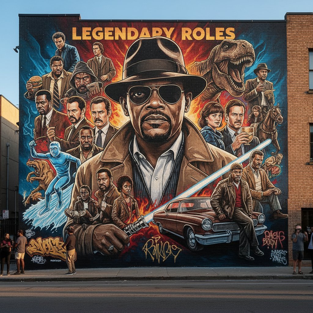 Samuel L. Jackson symbolizing cultural impact in front of mural