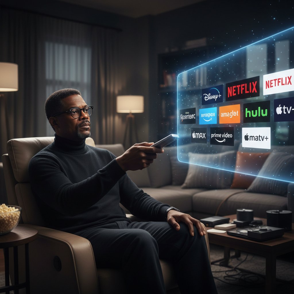 Samuel L. Jackson navigating streaming platforms with remote control, surrounded by app logos
