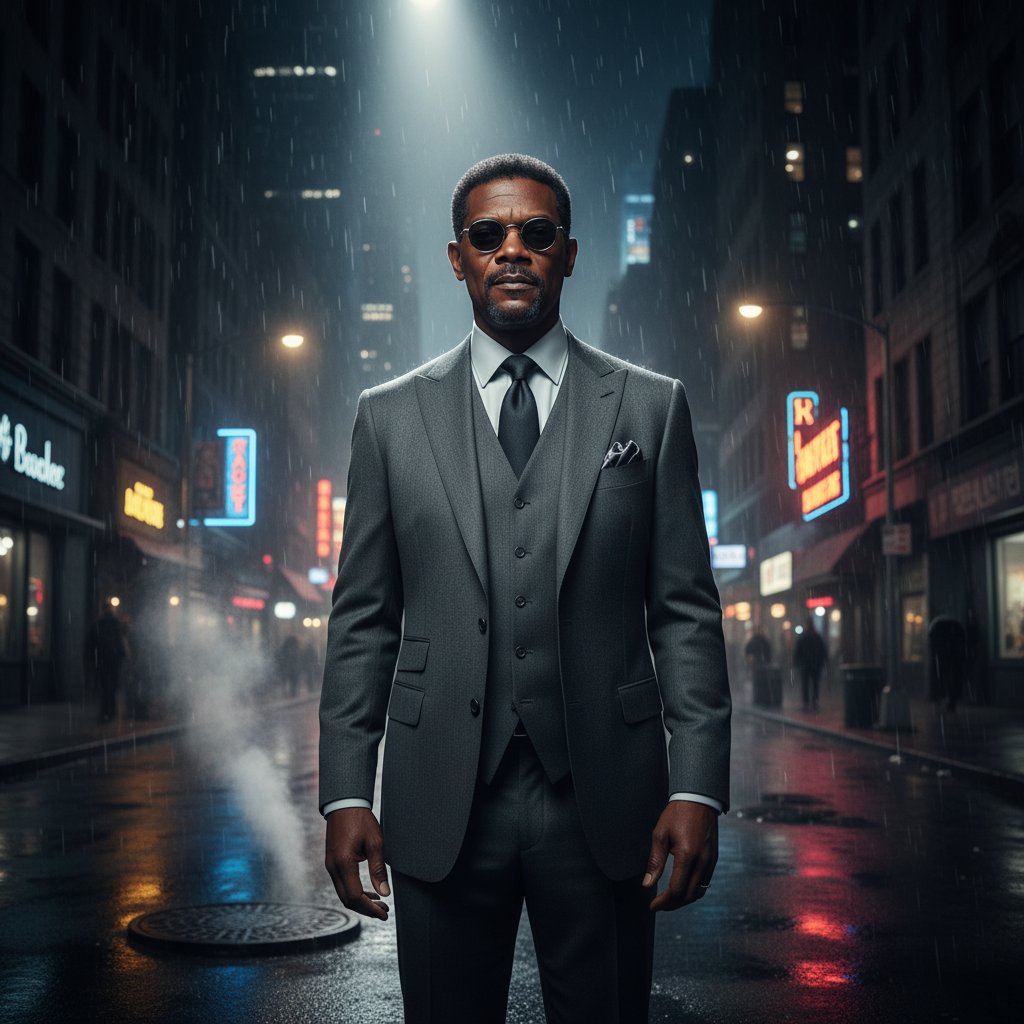 Samuel L. Jackson exuding cinematic cool in sharp suit, urban nightscape, spotlight effect