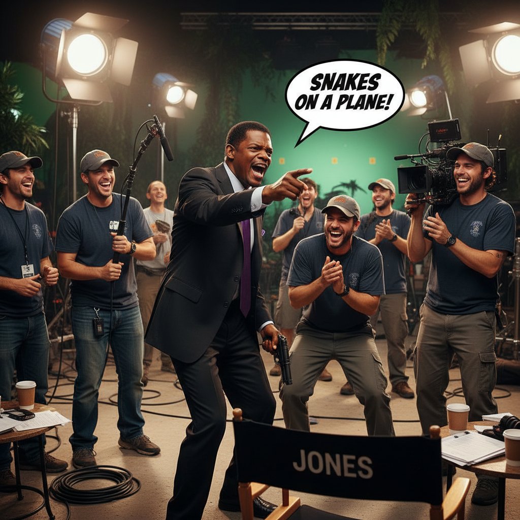 Samuel L. Jackson delivering a famous line, crew laughing in background