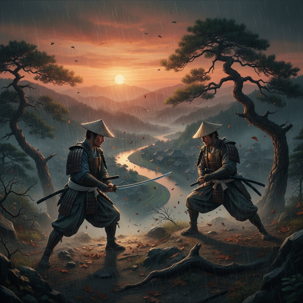 Montage of legendary scenes from classic samurai movies, including battle scenes, iconic duels, and lone warriors