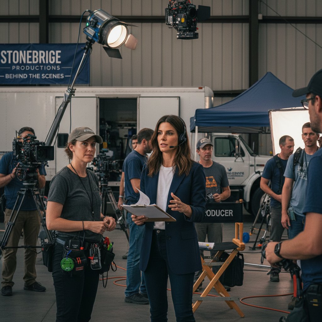 Sandra Bullock behind the scenes as a producer, candid shot directing a film crew