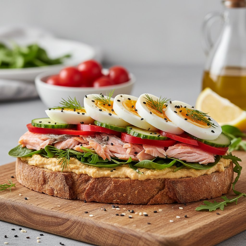 Kolorowe składniki kanapek: pieczywo, warzywa, jajka, łosoś, hummus na stole