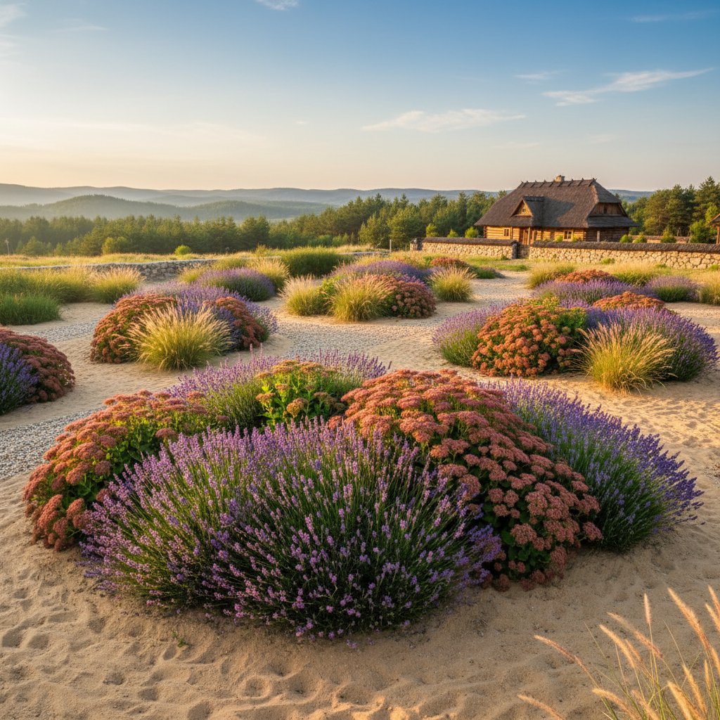 Piaszczysty ogród pod Toruniem z rozchodnikami i lawendą